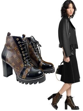 Louis Vuitton Star Trail Monogram Heeled Ankle Boots Leather Brown Size 39